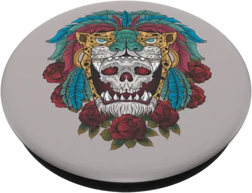 Vista 2 de Calavera del mitico guerrero jaguar azteca mexicano PopSockets PopGrip intercambiables