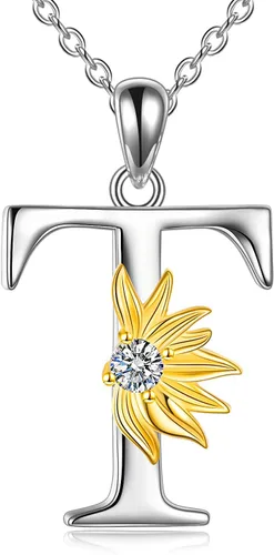 Vista 20 de POPLYKE Collar de girasol con inicial para mujer, plata de ley 925, colgante de girasol, cadena con dije de letra inicial