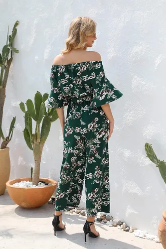 Vista 5 de Love Welove Fashion - Overol para mujer, diseño floral, hombros descubiertos, con volantes, manga corta, cintura alta, pantalones de pierna ancha