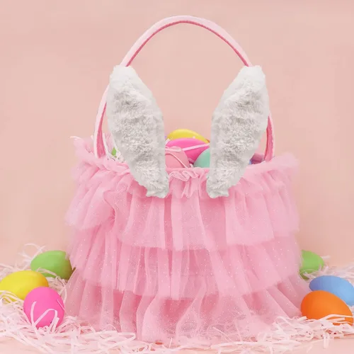 Vista 5 de Bunny Chorus Canasta de Pascua tutú, tul brillante con volantes rosados con orejas de conejo, regalos de fiesta temática de Pascua, regalos