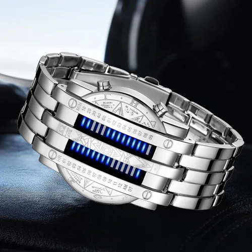 Vista 3 de Binary Matrix Blue led - Reloj Digital para hombre, moda clásica y creativa, color negro chapado