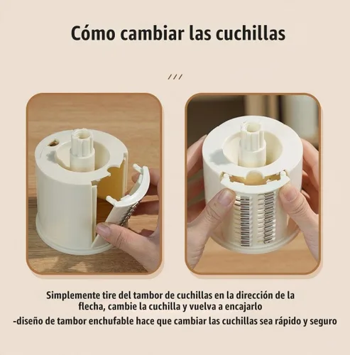 Vista 5 de Rallador giratorio de queso con manivela, trituradora multiusos con 3 cuchillas intercambiables de acero inoxidable para triturar, rebanar y rallar
