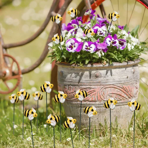Vista 5 de 10 piezas de estacas de jardín de abejas decoración de metal para patio delantero, palillos florales para primavera y verano, resina, abejorros