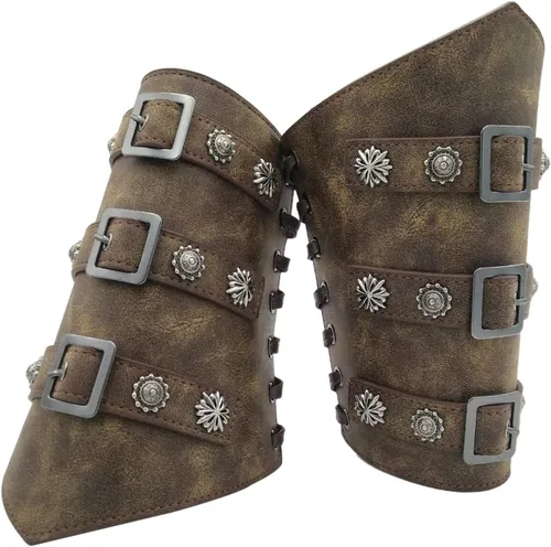 Vista 7 de Brazaletes medievales con hebilla, cinturón de cuero para adultos, pulsera de guantelete vikingo, armadura de brazo, armadura punk, gótico, disfraz
