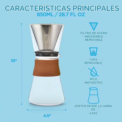 Vista 8 de GROSCHE Amsterdam - Cafetera de vidrio para verter – cafetera manual de una sola taza con parte superior de vidrio extraíble y filtro permanente