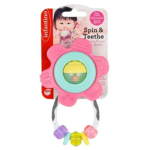 Vista 3 de Infantino Spin & Teethe - Sonajero de flores amarillas gomosas, fácil de agarrar, anillos masticables, pétalos multitexutre, centro de bola