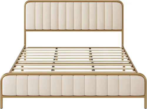 Vista 7 de HITHOS Base de cama tamaño completo con cabecera tapizada con botones, base de colchón de metal tapizado y de alta resistencia con listones
