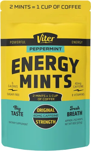Vista 17 de Viter Energy Mentas con Cafeína 40mg de Cafeína, Vitaminas B, Sin Azúcar. (Menta Chocolate, 20 piezas, Paquete de 6)