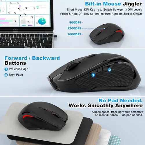 Vista 3 de Ratón inalámbrico Bluetooth para MacBook, laptop, iPad Air/Pro, mouse óptico silencioso recargable con Jiggler, modo dual Bluetooth 5.2/3.0 y 2.4G