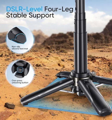 Vista 8 de MAGIC JOHN Trípode para teléfono, palo de selfie portátil, trípode de bolsillo para iPhone, palo selfie con control remoto desmontable y 2 luces
