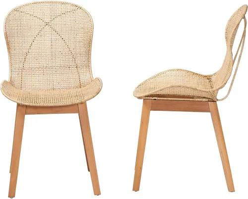 Vista 3 de Baxton Studio Sabelle Japandi - Juego de 2 sillas de comedor de caoba y ratán marrón natural