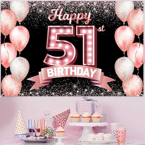 Vista 79 de Cartel de feliz cumpleaños décimo oro rosa, telón de fondo, saludos a 10 años, globos de confeti, decoración temática para niñas de 10 años