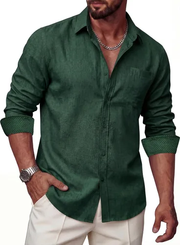 Vista 14 de Camisas de lino para hombre, casual, de manga larga, con botones, ajuste regular, cuello en contraste, con bolsillo