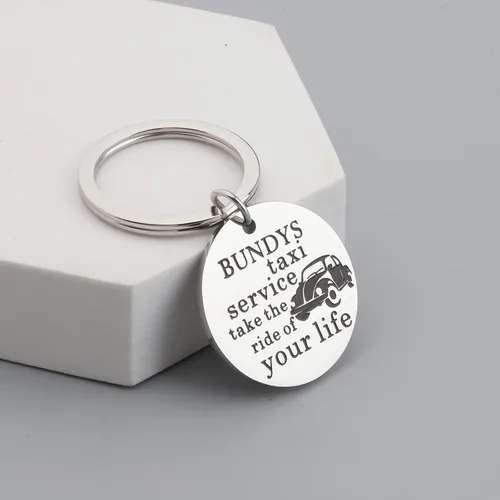 Vista 3 de OKEYCH Regalo inspirado en el asesino en serie, Bundys Taxi Service Take The Ride Of Your Life Llavero Serial Killer Fan Jewelry