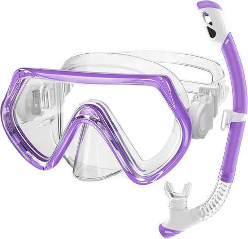 Vista 14 de 2 juegos de equipo de esnórquel para niños de 3 a 14 años, antivaho 180° Clear View Dry Top Snorkel Set, máscara de natación con cubierta nasal