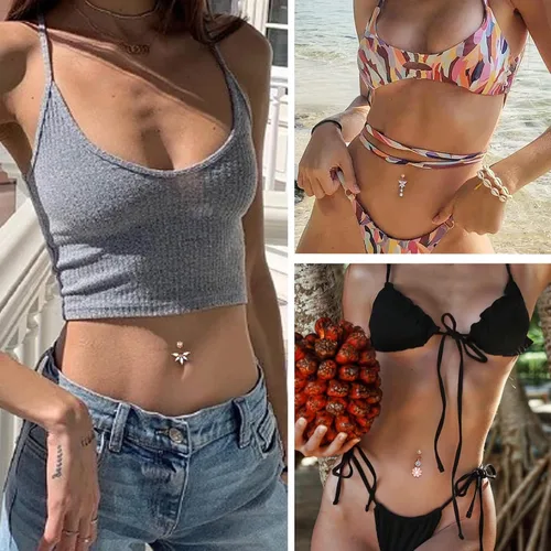 Vista 5 de Sanfenly 12 anillos de pezón anillos de ombligo para mujer 14G 316L acero inoxidable quirúrgico curvado barra de ombligo bonita mariposa flor
