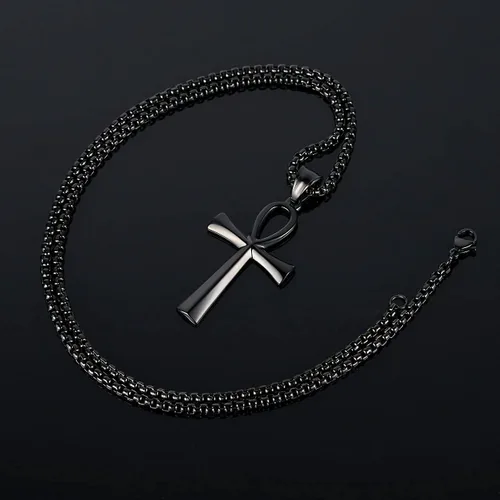 Vista 3 de Collar con colgante de cruz de Ankh copta egipcia antigua de acero inoxidable para niños, mujeres y hombres, en cadena Rolo de 24 pulgadas