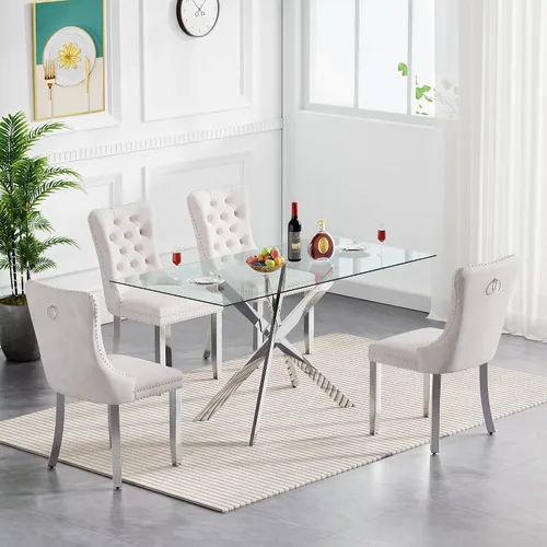 Vista 11 de Juego de mesa de comedor de cristal para cocina de 4, 5 piezas, mesa de comedor rectangular de 51 pulgadas con 4 sillas de cocina de terciopelo
