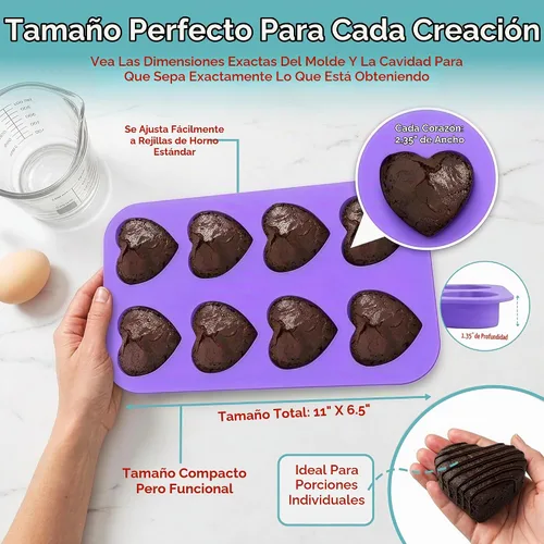Vista 2 de Bakerpan Paquete de 2 moldes de silicona para hornear – Mini moldes para pasteles en forma de corazón para cupcakes, magdalenas, brownies y postres