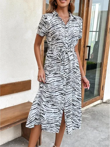 Vista 5 de BROVAVE Vestido camisero de manga corta de verano para mujer, con lazo en la cintura, botones, textura de animales, vestido midi casual