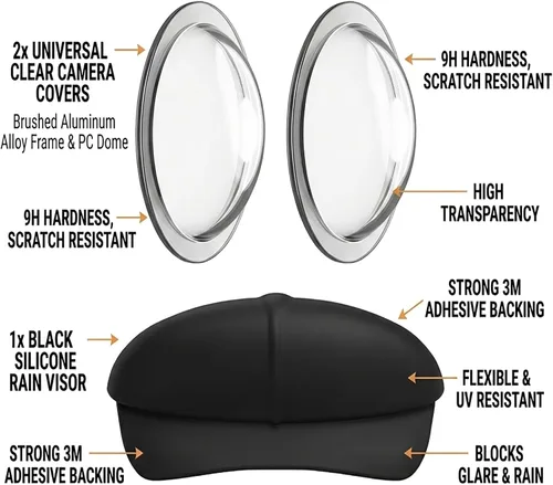 Vista 4 de Combo universal de protección contra la lluvia para cámara de respaldo, protector de residuos y cubierta de lente transparente, visera solar de Negro