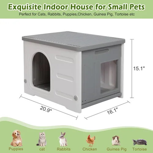 Vista 7 de Casa impermeable para gatos al aire libre, casa de plástico para gatos con puerta de escape y alfombrilla suave, refugio grande para gatos