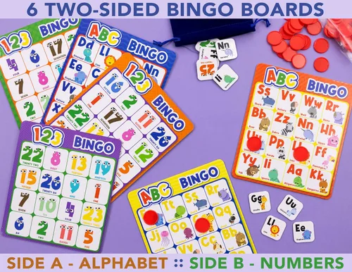 Vista 2 de Party Hearty Juego de mesa de bingo del alfabeto y número, ABC y 123 para niños de jardín de infantes y preescolares que aprenden a leer, 2