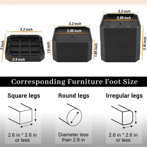 Vista 2 de BTSD-home Elevadores de cama de 1.5 o 3 pulgadas, muebles ajustables resistentes para sofá, escritorio, sofá, mesa, paquete de 4