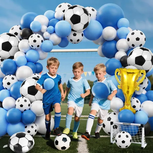 Vista 4 de Kit de arco de guirnalda de globos de fútbol, 103 globos de 18, 12, 10 y 5 pulgadas, globos de copa de fútbol azul y blanco con globos de papel