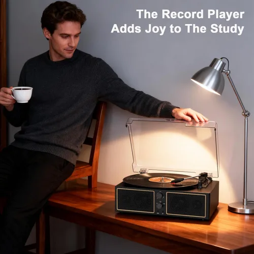 Vista 12 de Tocadiscos de vinilo Bluetooth, reproductor LP de 3 velocidades con altavoces, reproductor de discos retro para discos de vinilo, salida RCA AUX