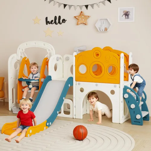 Vista 13 de DOREROOM Tobogán, columpio y tobogán para niños pequeños de 1 a 2 años con aro de baloncesto, telescopio para interiores y exteriores, parque