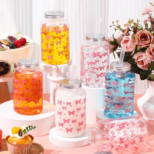 Vista 4 de Juego de 20 tazas de lazo rosa de 16 onzas, vasos de plástico