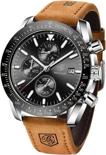 Vista 5 de BENYAR - Relojes para hombre, cronógrafo de cuarzo, marca de lujo, impermeable, relojes de pulsera de cuero marrón a la moda para hombres