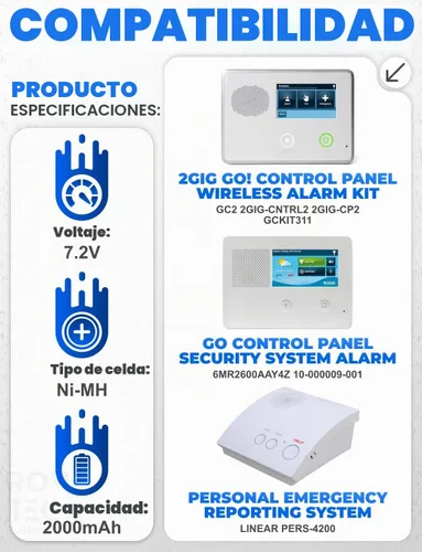 Vista 2 de Rome Tech para 2GIG GO! Sistema de alarma inalámbrico con panel de control - Batería de repuesto de batería de 2 gig 7.2 V 2000 mAh recargable