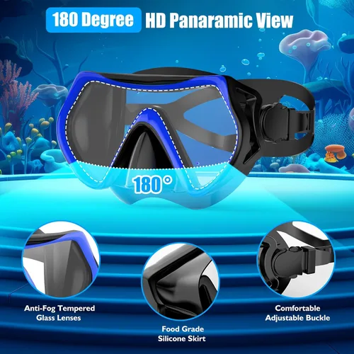 Vista 2 de Snorkeling Gear for Adults, Dry-Top Snorkel Set Scuba Diving mask, Snorkel Mask, Panoramic Anti-Leak Anti-Fog Tempered Glass Lens, Swimming Training