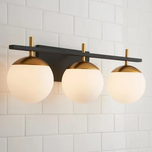 Vista 7 de 2 lámparas de baño, luz negra y dorada, luz de baño de mediados de siglo sobre espejo con pantalla de globo de vidrio blanco, apliques de pared