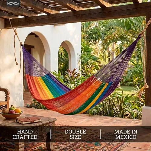 Vista 5 de NOVICA Hamaca de cuerda maya de nailon tejida a mano multicolor arcoíris a rayas para 1 persona, soñando con arcoíris (individual)