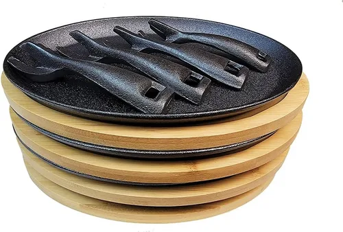 Vista 3 de HAWOK Fajita de hierro fundido con bandeja de bambú y asa Juego de 4 Negro-266-4
