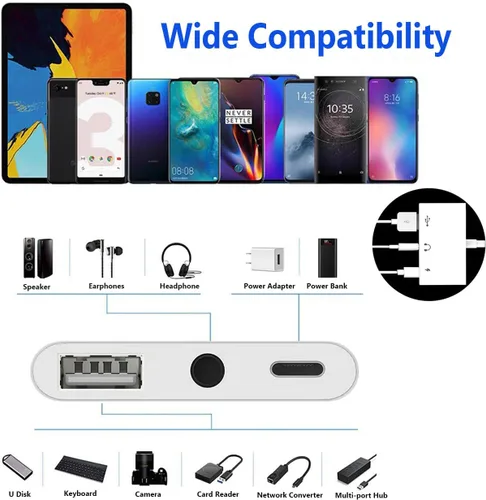 Vista 6 de Adaptador USB C a USB para MacBook, divisor USB C a USB-A OTG 3 en 1 con conector de audio de 0.138 in y puerto de carga rápida PD compatible