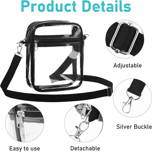 Vista 4 de Paquete de 6 bolsas transparentes aprobadas para estadios, bolsa de PVC con bolsillo frontal