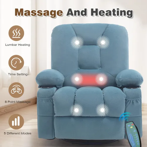 Vista 6 de Rocker - Silla reclinable con masaje y calor, sillón reclinable giratorio con relleno con soporte para tazas, bolsillo lateral USB, sofá mecedora