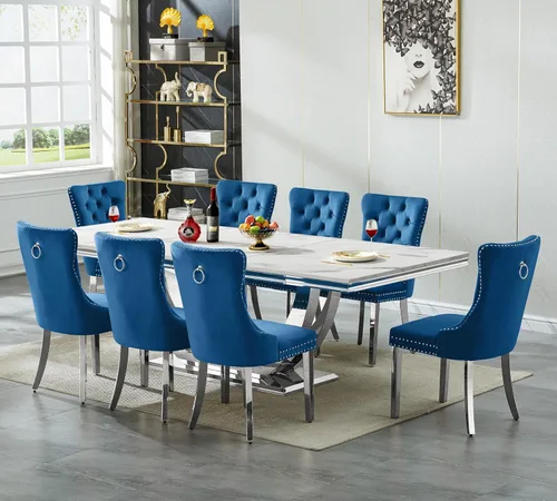 Vista 44 de Mesa de comedor blanca de 68 pulgadas para 4-6, mesa de cocina rectangular moderna con mesa de mármol sintético y base de acero inoxidable plateado