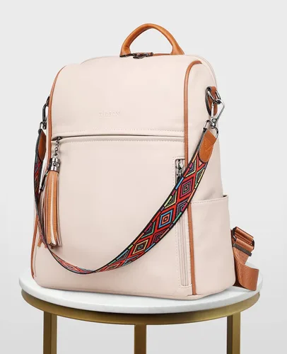 Vista 8 de FADEON Mochila de cuero para mujer, diseño de mujer, bolsa de hombro de moda, mochila de viaje convertible de PU, E Beige Con Marrón, Medium