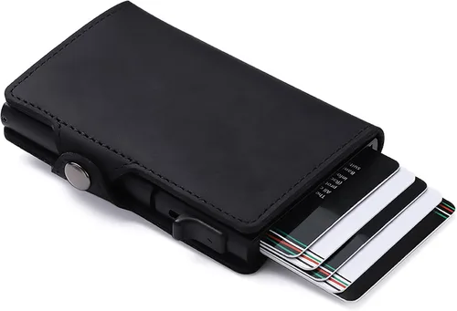 Vista 5 de TNE AirTag - Billetera de cuero genuino para tarjetas de crédito para hombres Bloqueo RFID Mini plegable automático de aluminio con cremallera