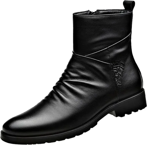 Vista 8 de Botines de vestir de cuero negro para hombre, botas cortas casuales de negocios con cremallera para otoño e invierno 2023