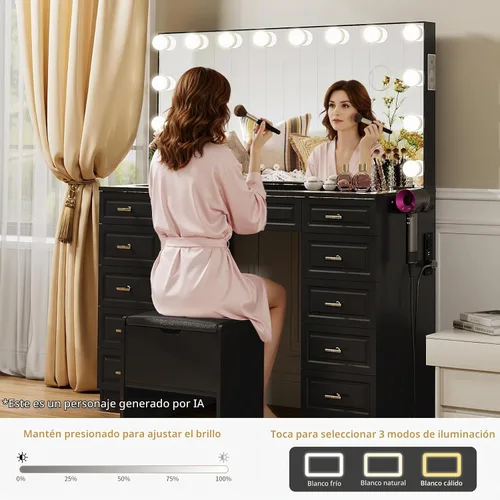 Vista 4 de VOWNER Tocador con espejo iluminado, escritorio de tocador de maquillaje Negro