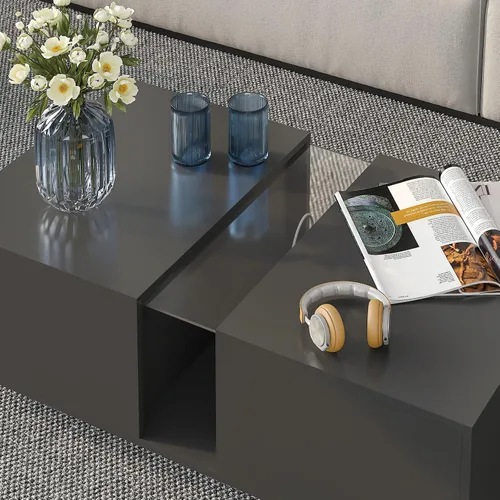 Vista 6 de HedoAjim - Mesa de café LED negra para sala de estar, mesa rectangular de sala de estar con almacenamiento, mesas de café acrílicas con 2 cajones