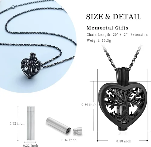 Vista 2 de shajwo Collar de cenizas de urna de cremación de corazón para mujeres y hombres, vial de árbol de la vida, colgante de cenizas de cremación