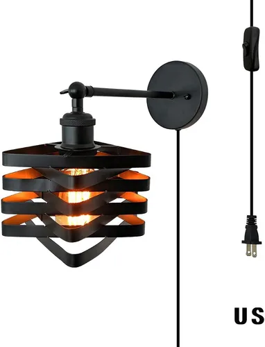 Vista 2 de Lámparas de pared industriales enchufables, accesorios de pared de metal con interruptor de encendido y apagado, lámpara de pared de granja