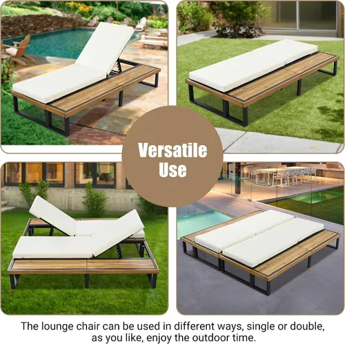 Vista 5 de Tumbona reclinable para patio al aire libre con respaldo ajustable de 5 posiciones y mesa auxiliar de madera, silla lounge para todo tipo de clima
